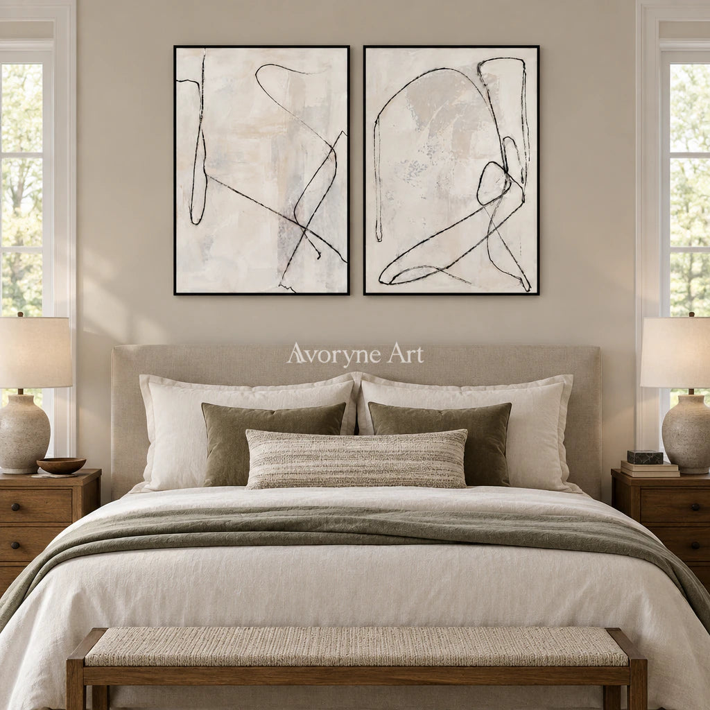 Paired Traces: Minimalist Line Art Diptych Wall Art — bedroom black