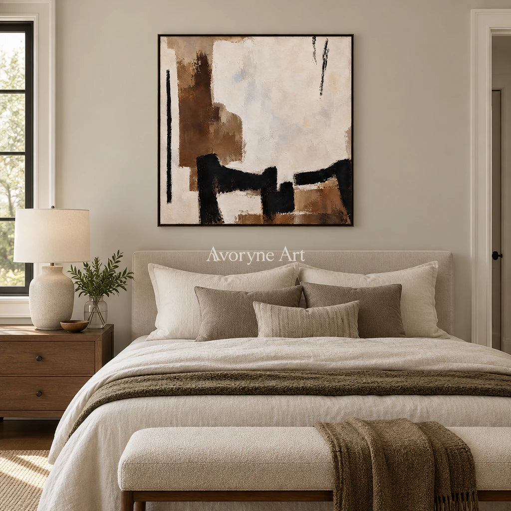 Earthen Pause: Minimalist Neutral Abstract Wall Art — bedroom black