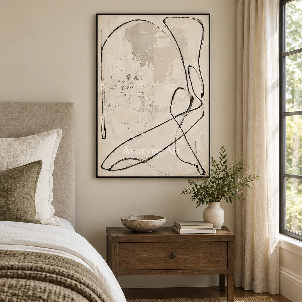 Quiet Orbit: Minimalist Textured Beige Line Wall Art — bedroom black