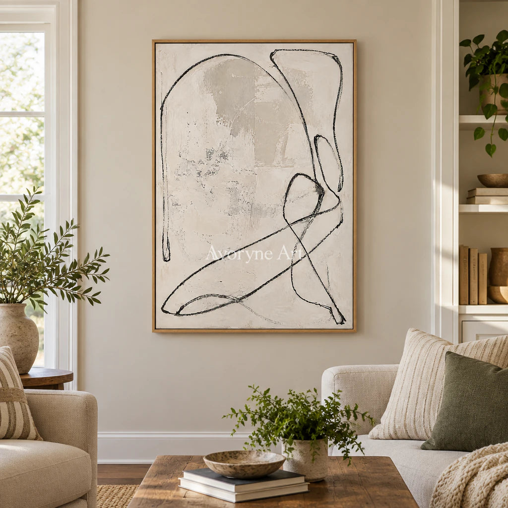 Quiet Orbit: Minimalist Textured Beige Line Wall Art — villa wood
