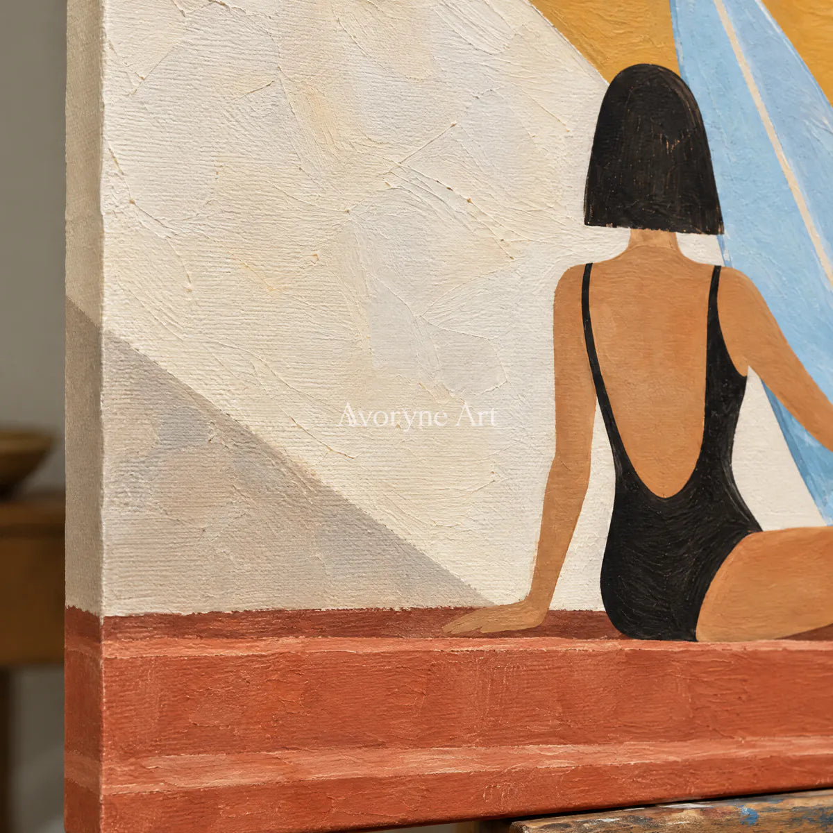 Sunlit Repose: Minimalist Yellow Figure Wall Art — detail easel