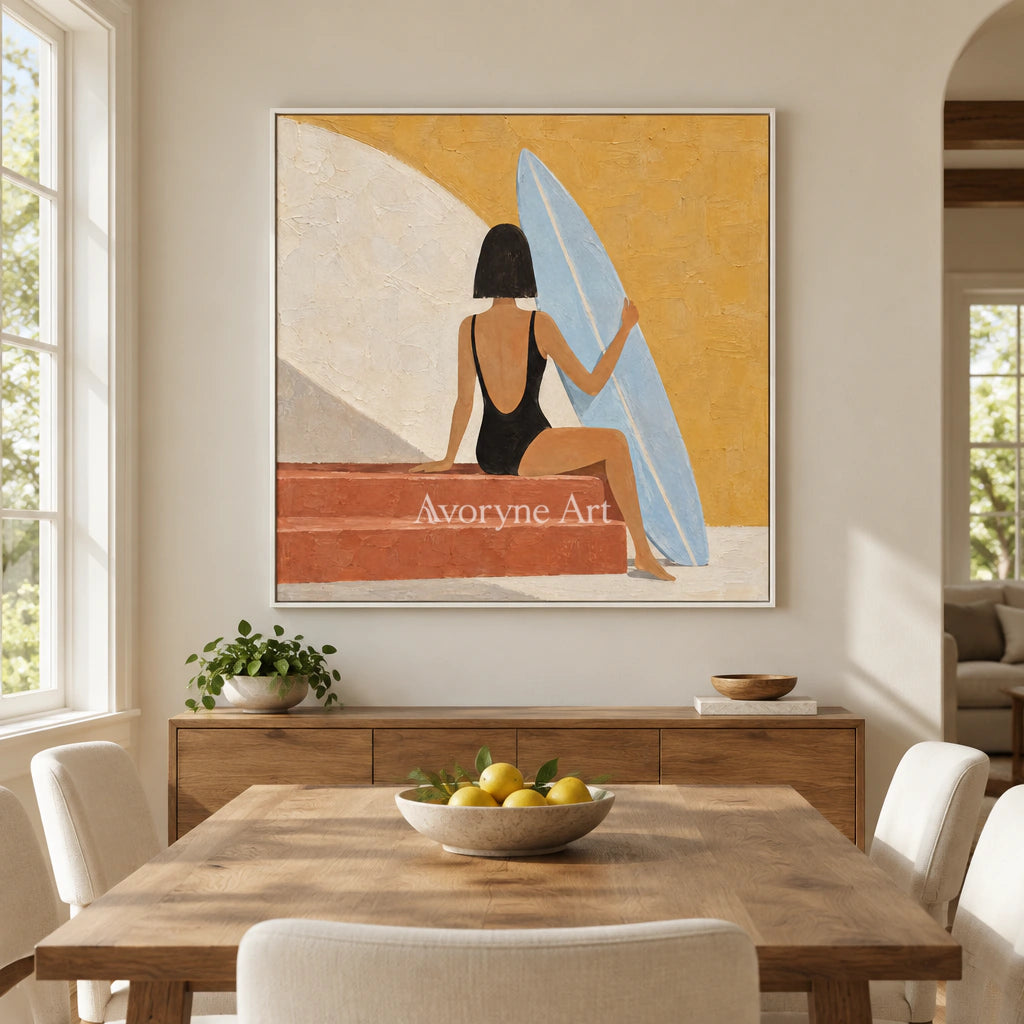 Sunlit Repose: Minimalist Yellow Figure Wall Art — dining white