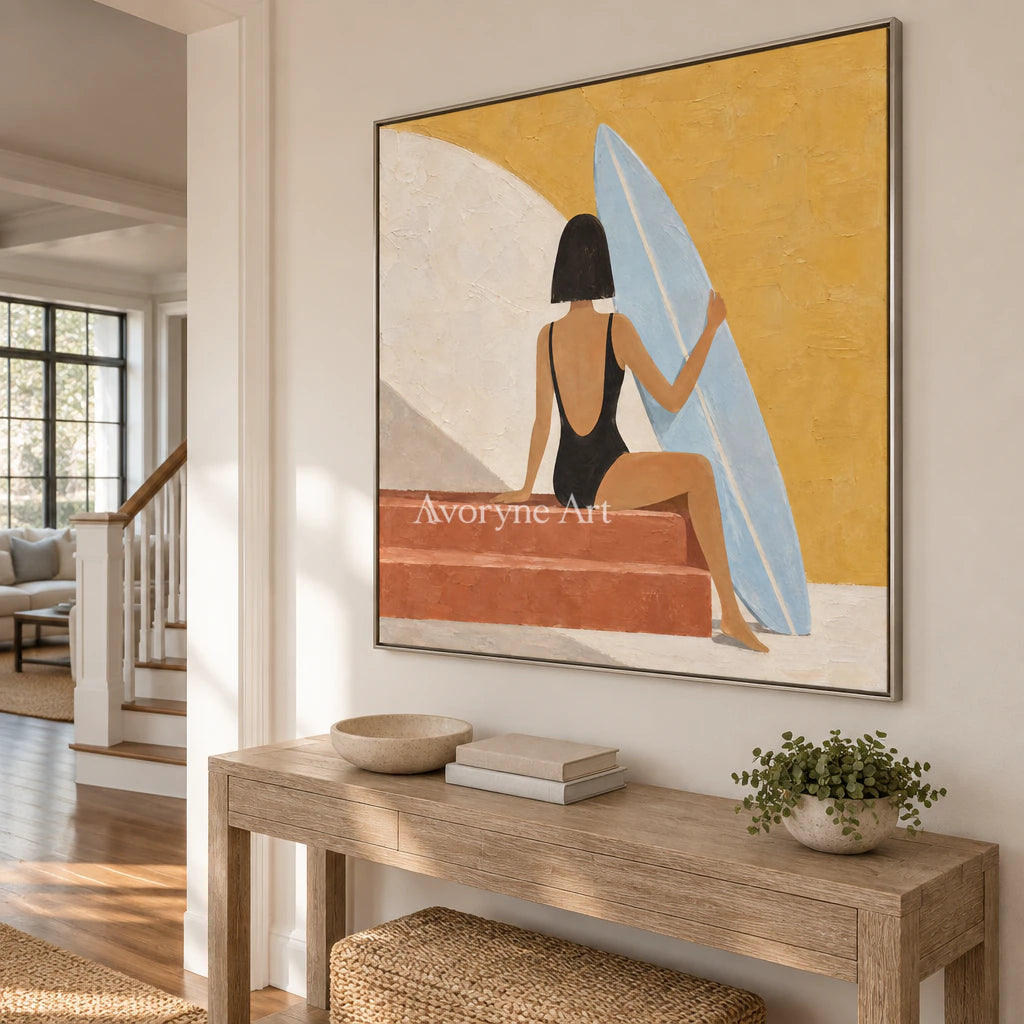 Sunlit Repose: Minimalist Yellow Figure Wall Art — entry silver