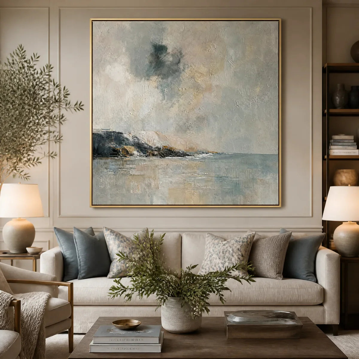 Misty Shore: Blue Coastal Wall Art - living room gold frame