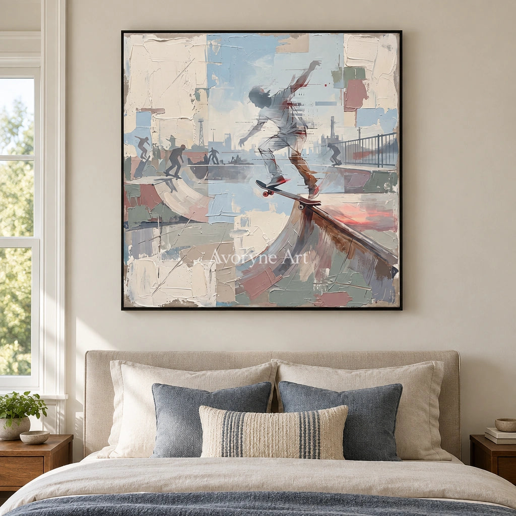 Faint Story motion figure wall art with a black frame above a bed in a bedroom