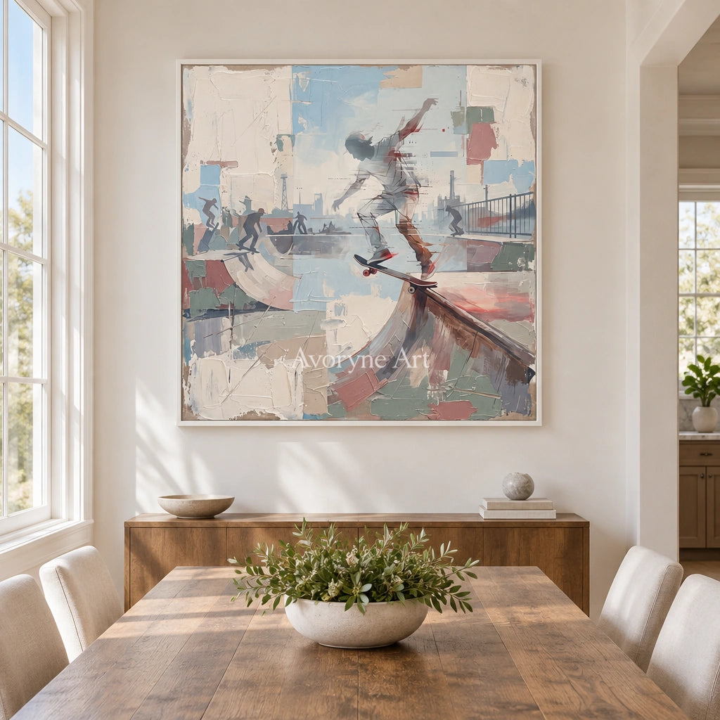 Faint Story motion figure wall art with a white frame in a dining room
