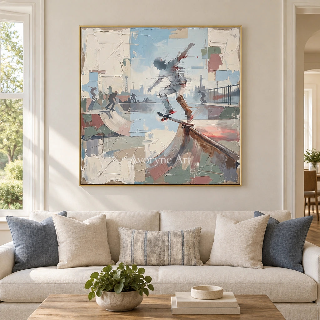 Faint Story motion figure wall art with a gold frame hanging in a living room