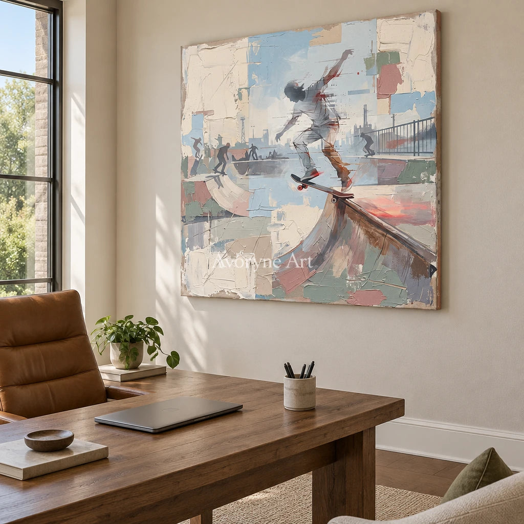 Faint Story motion figure wall art as a frameless stretched canvas in a home office