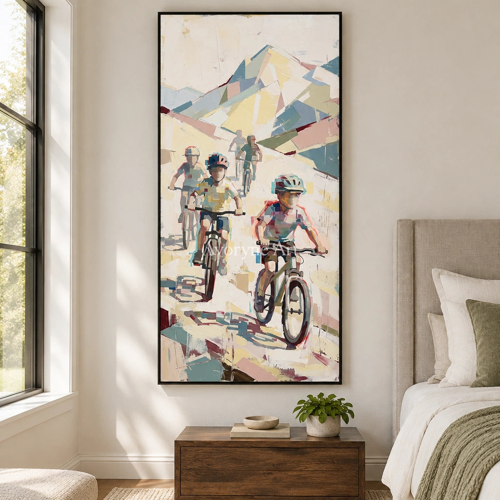 Faint Vista motion figure wall art with a black frame above a bed in a bedroom