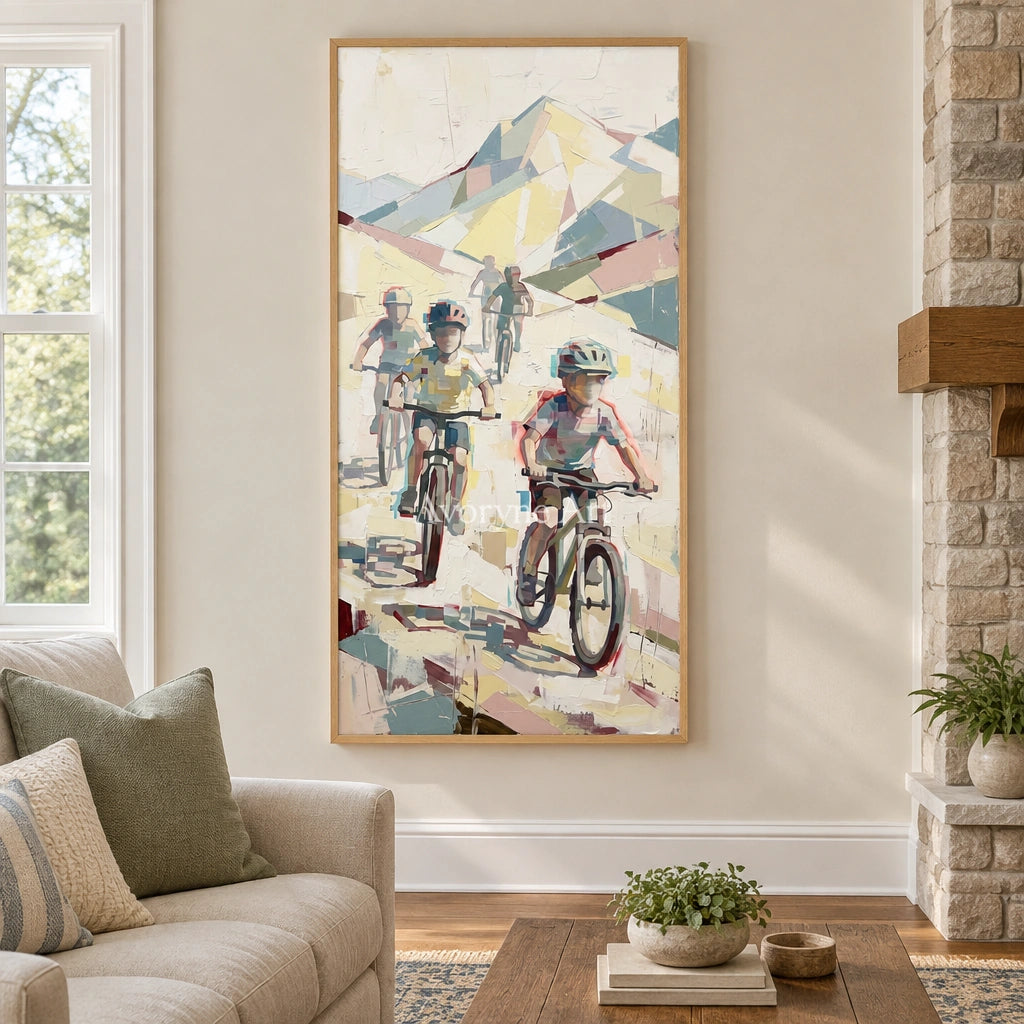 Faint Vista motion figure wall art with a wood frame in a villa living space