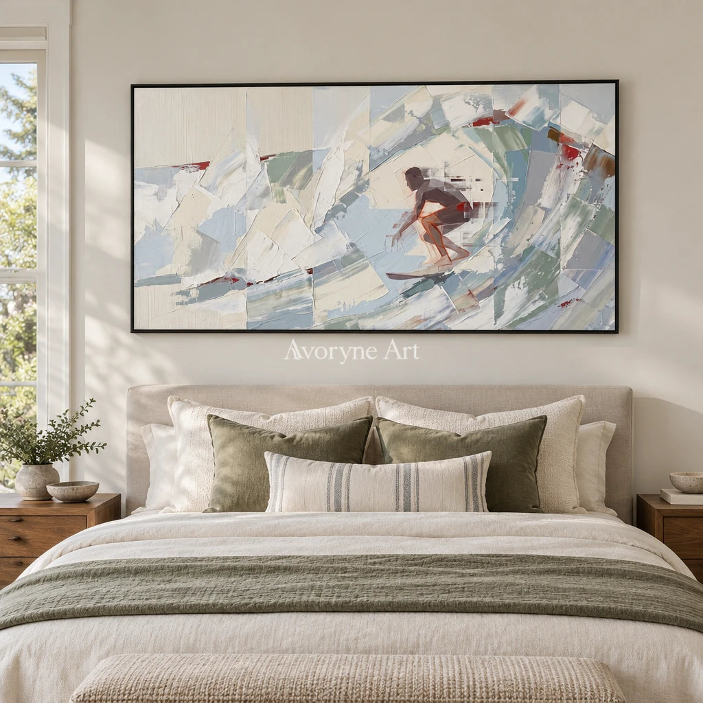 Faint Current motion figure wall art with a black frame above a bed in a bedroom