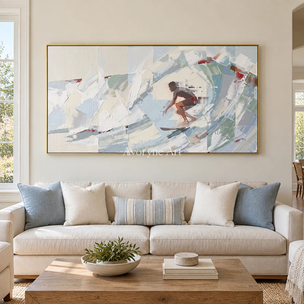 Faint Current motion figure wall art with a gold frame hanging in a living room