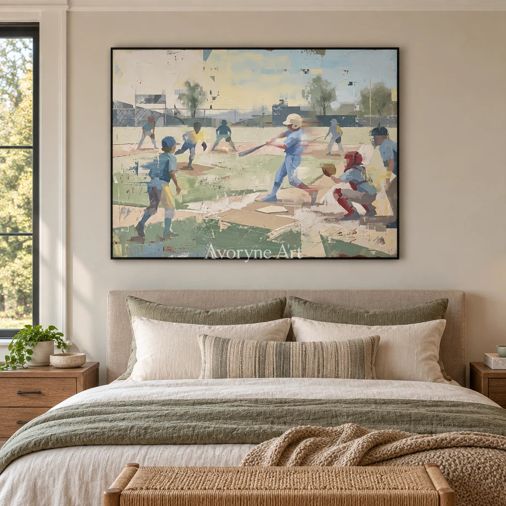Faint Solace motion figure wall art with a black frame above a bed in a bedroom
