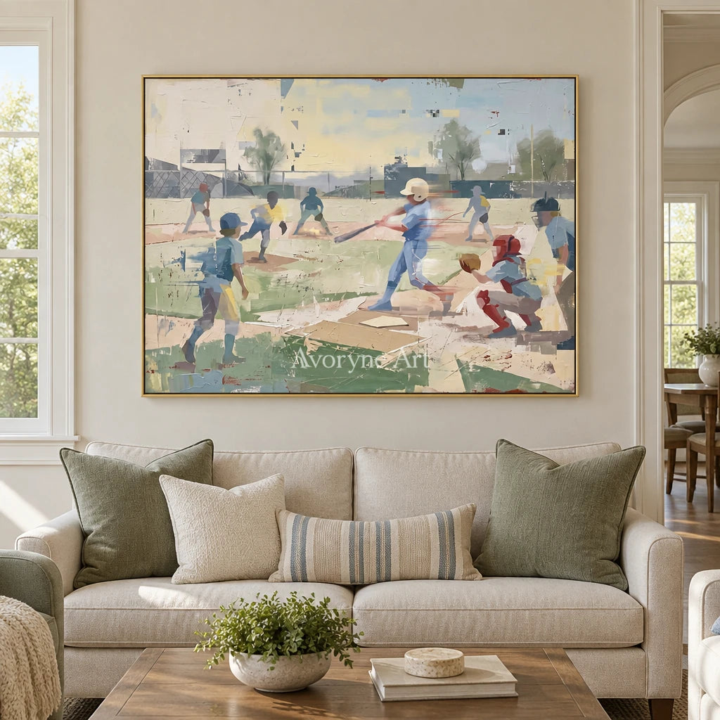Faint Solace motion figure wall art with a gold frame hanging in a living room