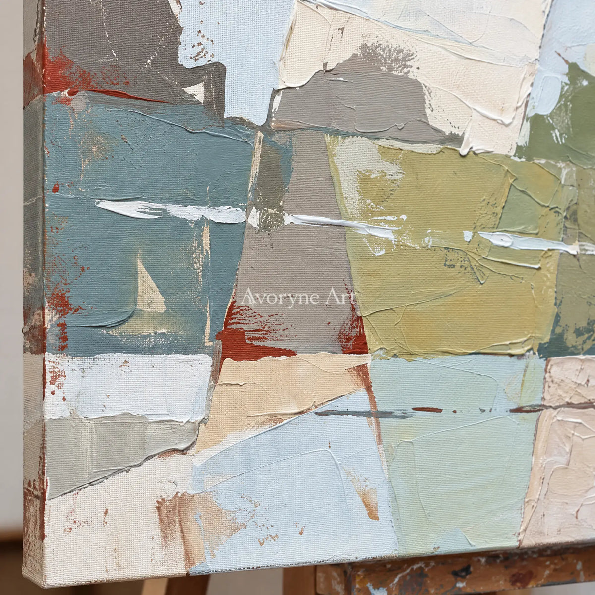 Close-up of the hand-painted texture of Faint Reverberation motion figure wall art on an easel