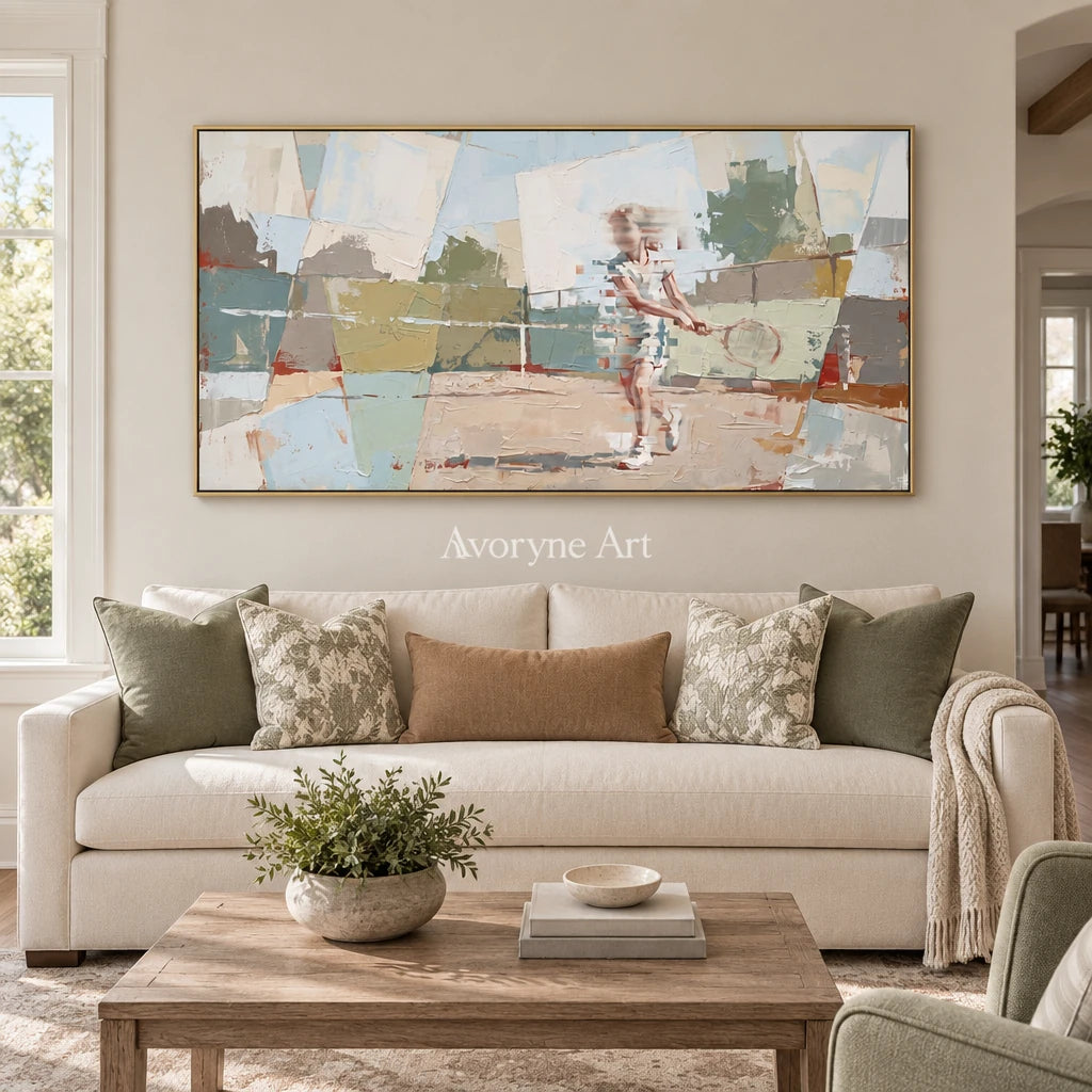 Faint Reverberation motion figure wall art with a gold frame hanging in a living room