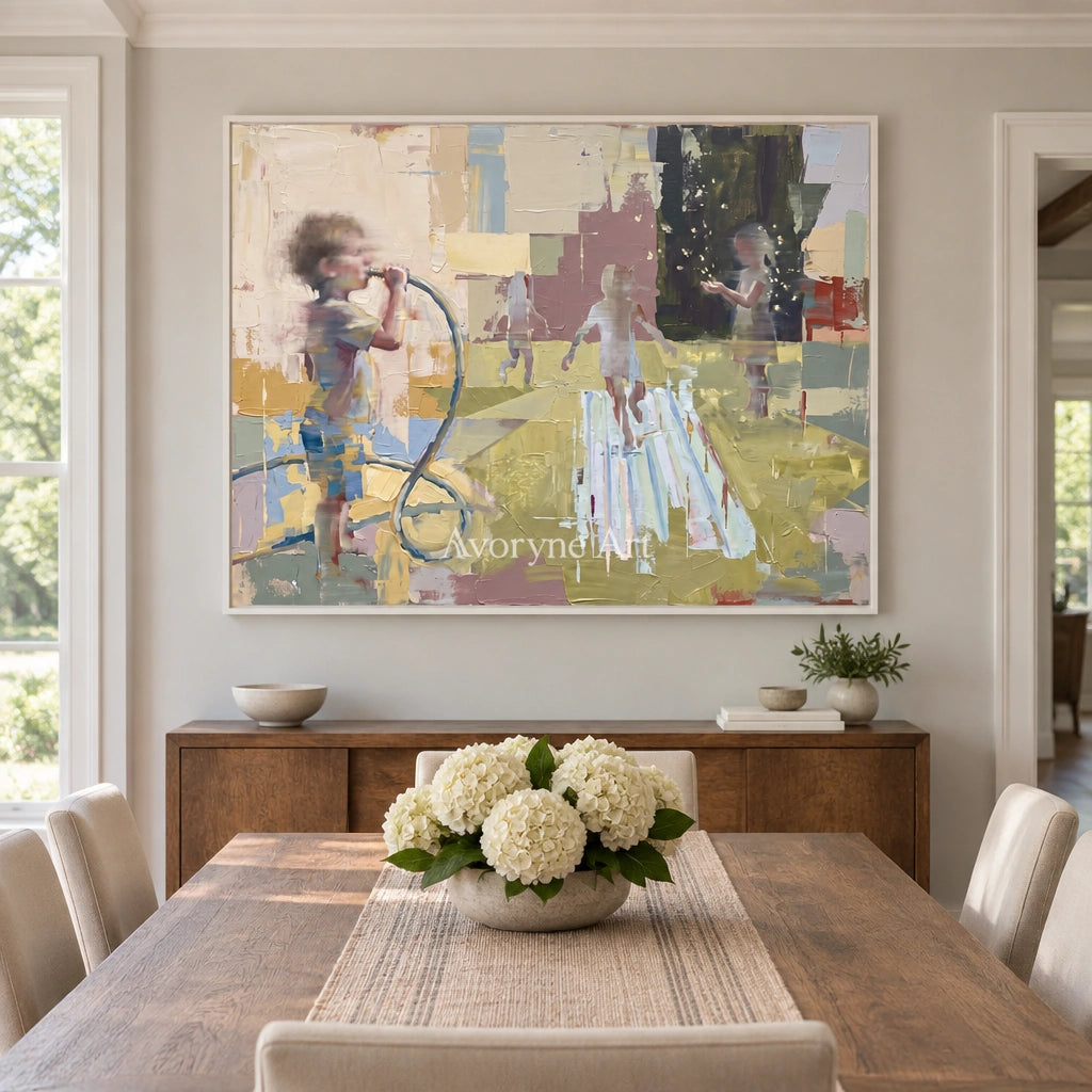 Faint Dialogue motion figure wall art with a white frame in a dining room