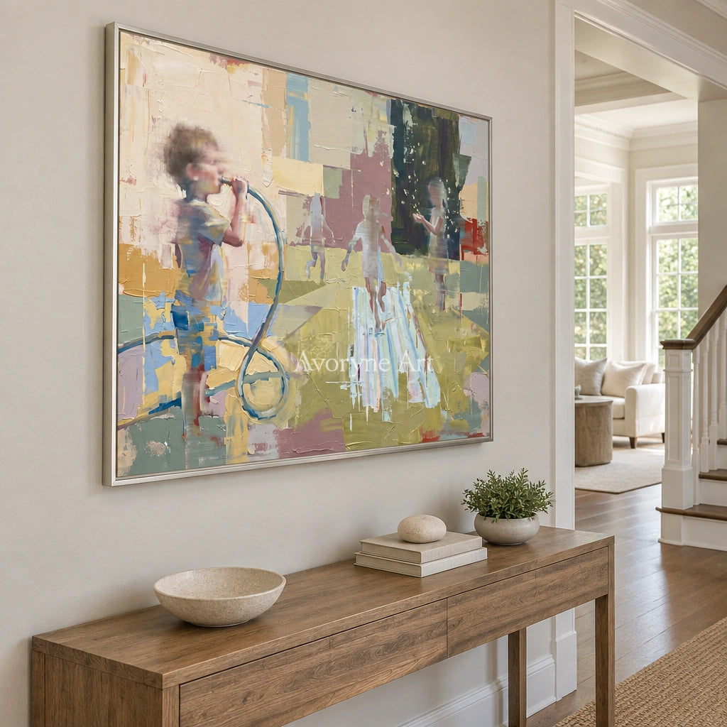 Faint Dialogue motion figure wall art with a silver frame in an entryway