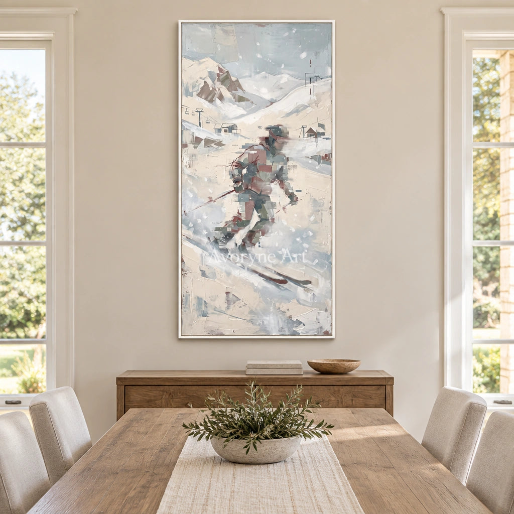 Warm Cadence motion figure wall art with a white frame in a dining room