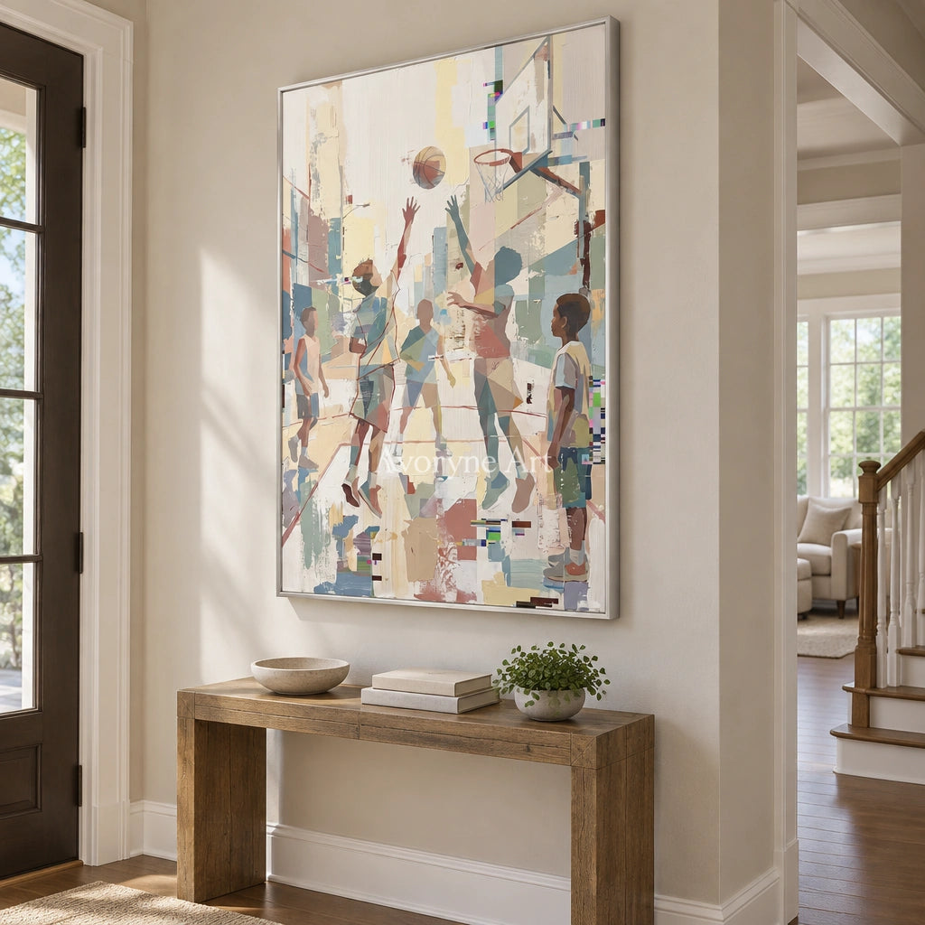 Warm Passage motion figure wall art with a silver frame in an entryway