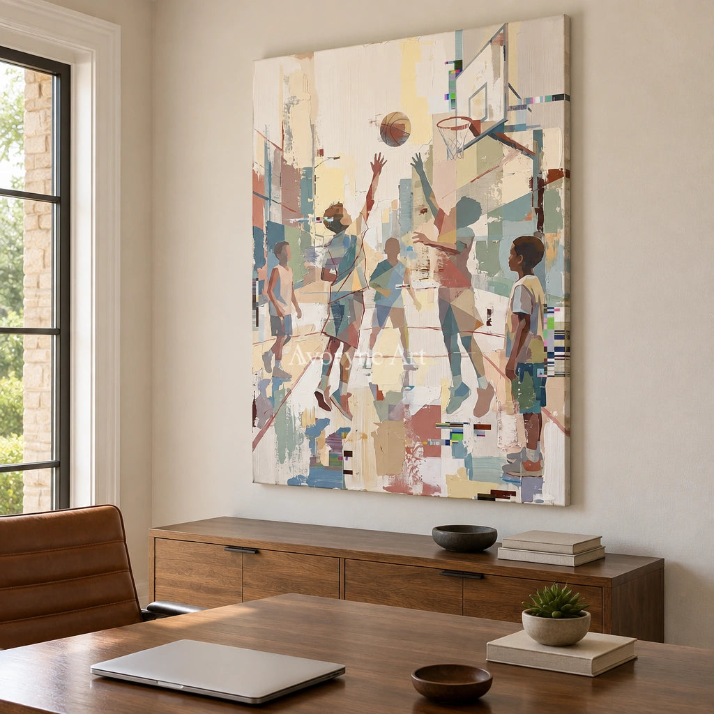 Warm Passage motion figure wall art as a frameless stretched canvas in a home office