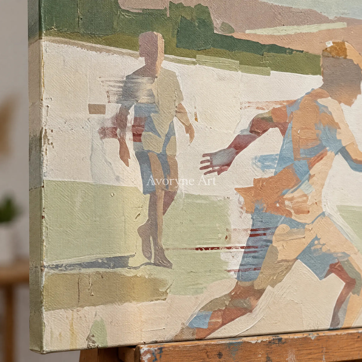 Close-up of the hand-painted texture of Faint Trace motion figure diptych on an easel