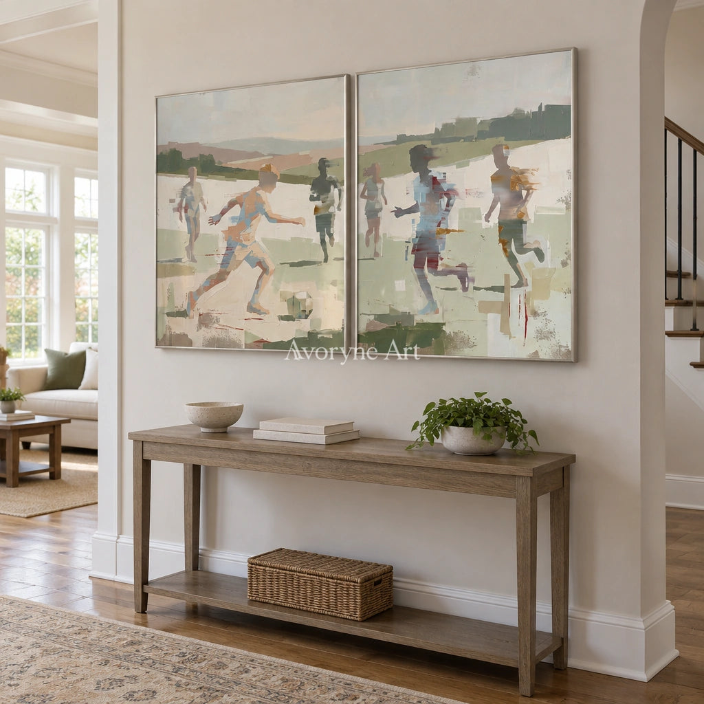 Faint Trace motion figure diptych with a silver frame in an entryway