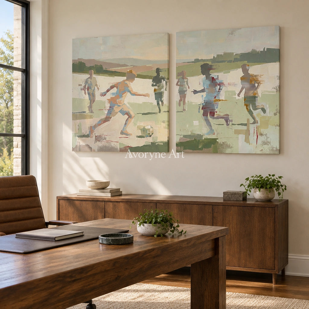 Faint Trace motion figure diptych as a frameless stretched canvas in a home office