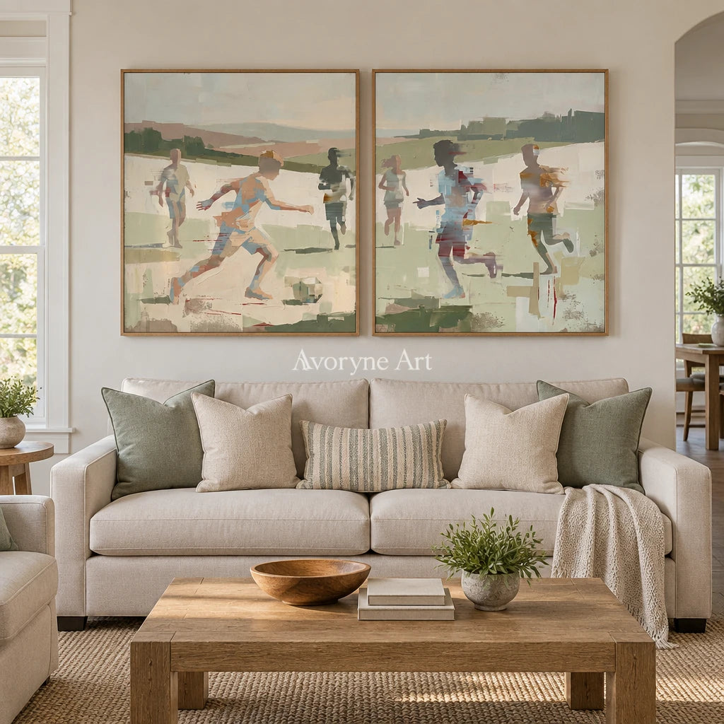 Faint Trace motion figure diptych with a wood frame in a villa living space