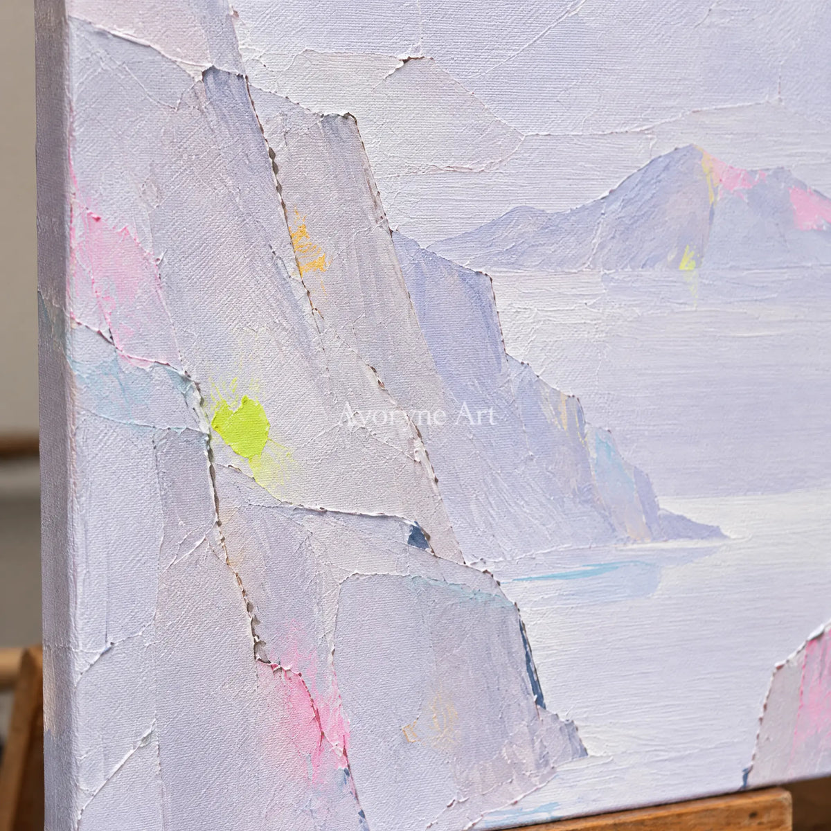 Close-up of the hand-painted texture of Tender Passage mountain landscape wall art on an easel