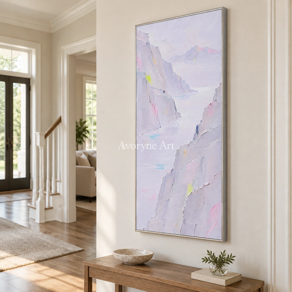Tender Passage mountain landscape wall art with a silver frame in an entryway