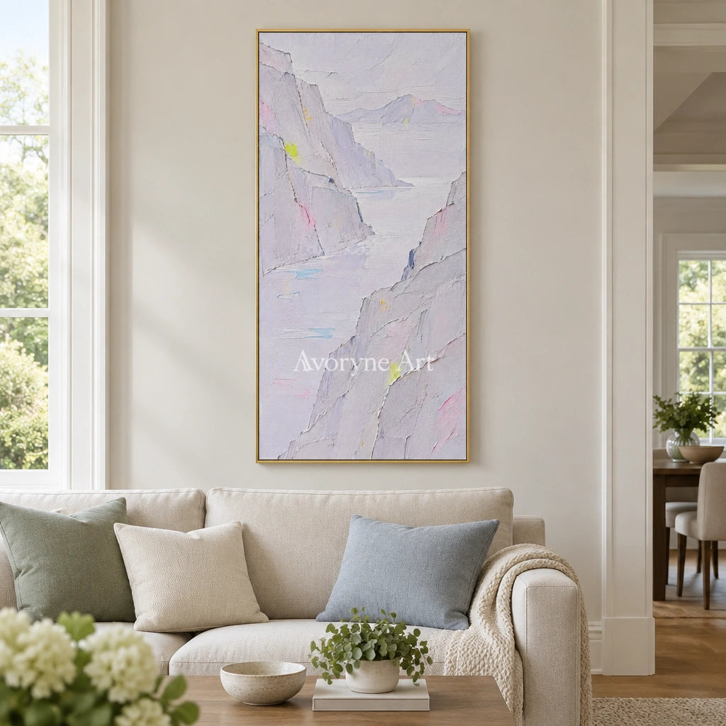 Tender Passage mountain landscape wall art with a gold frame hanging in a living room