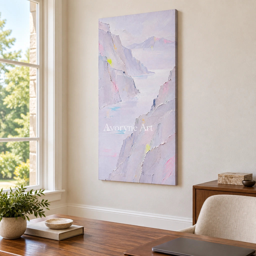Tender Passage mountain landscape wall art as a frameless stretched canvas in a home office