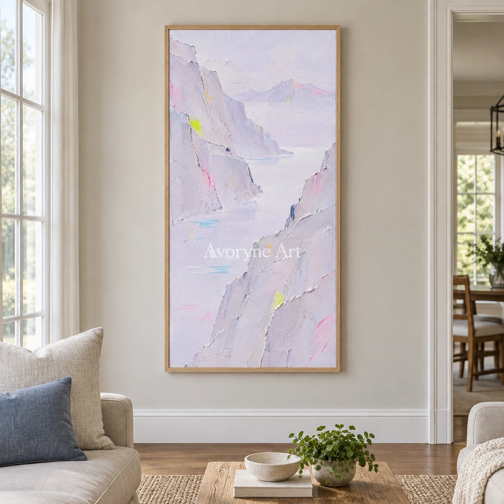 Tender Passage mountain landscape wall art with a wood frame in a villa living space