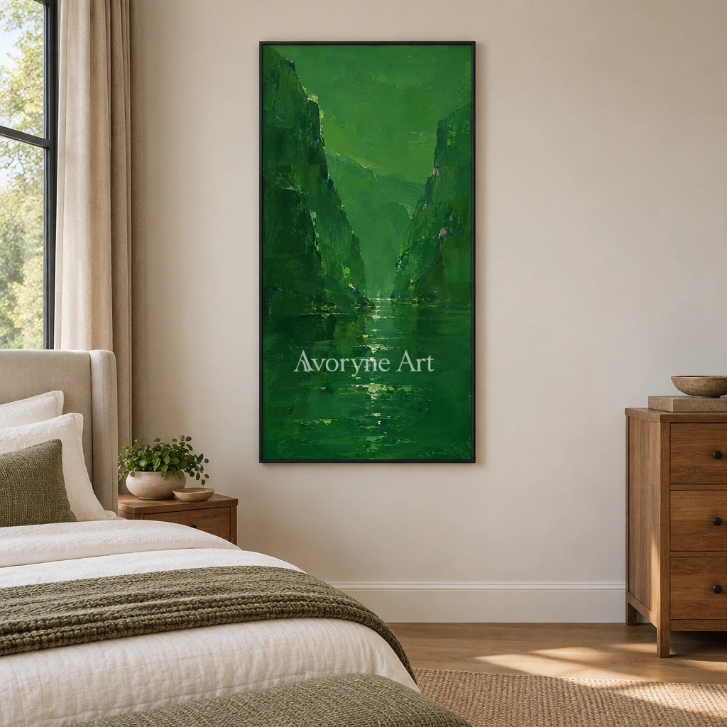 Tender Interval mountain landscape wall art with a black frame above a bed in a bedroom