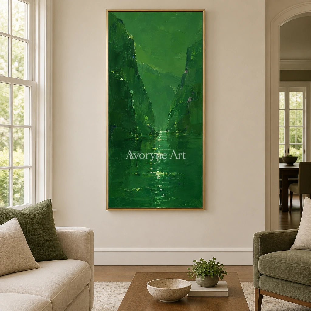 Tender Interval mountain landscape wall art with a gold frame hanging in a living room