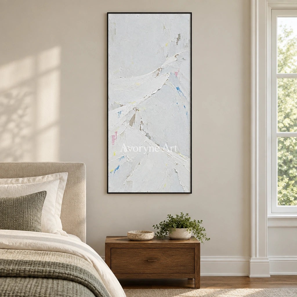 Tender Horizon mountain landscape wall art with a black frame above a bed in a bedroom