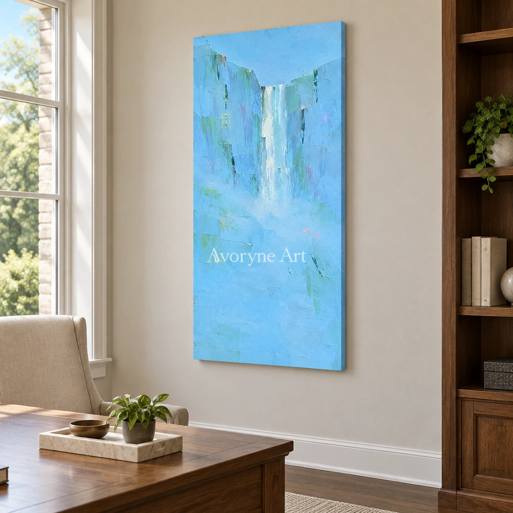 Tender Mosaic mountain landscape wall art as a frameless stretched canvas in a home office