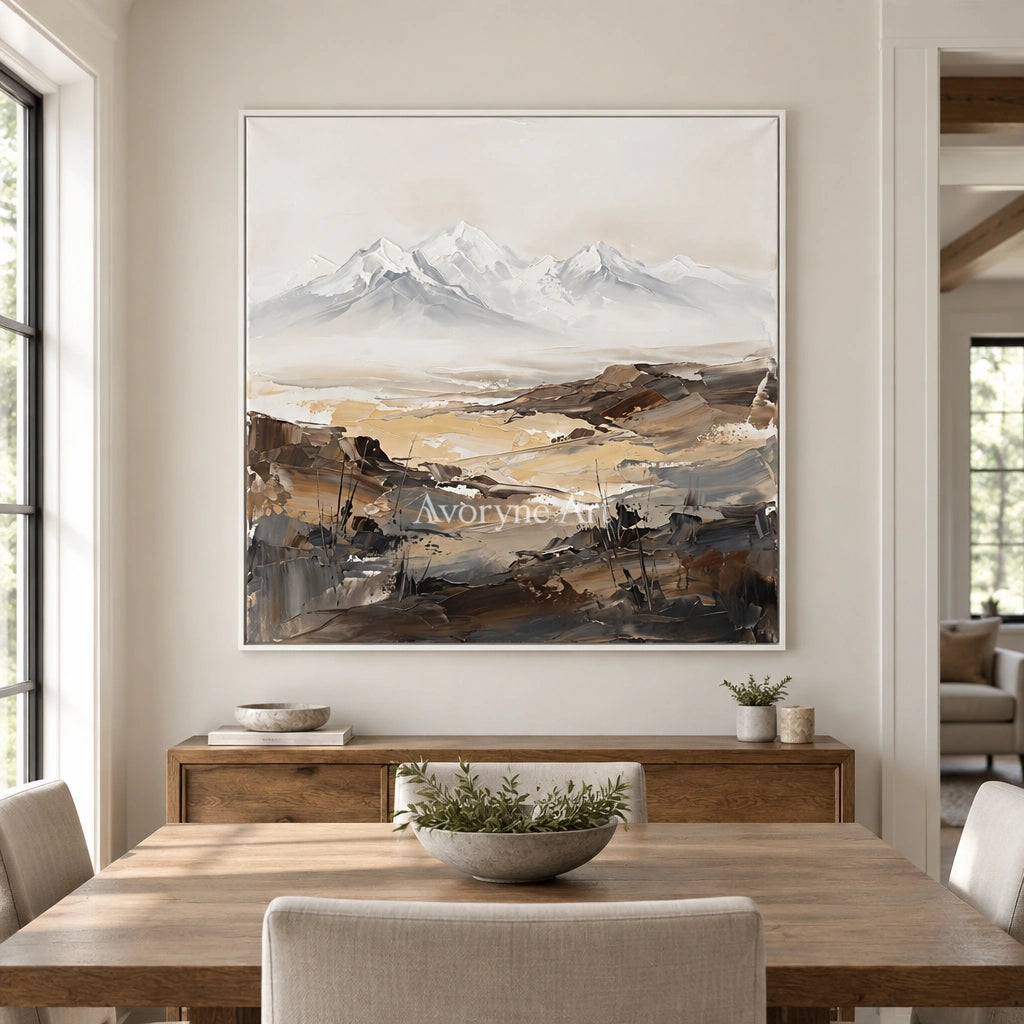 Winding Rhythm mountain landscape wall art with a white frame in a dining room