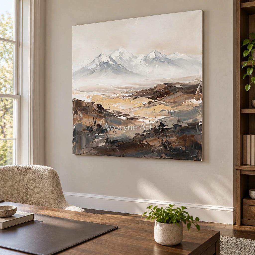 Winding Rhythm mountain landscape wall art as a frameless stretched canvas in a home office