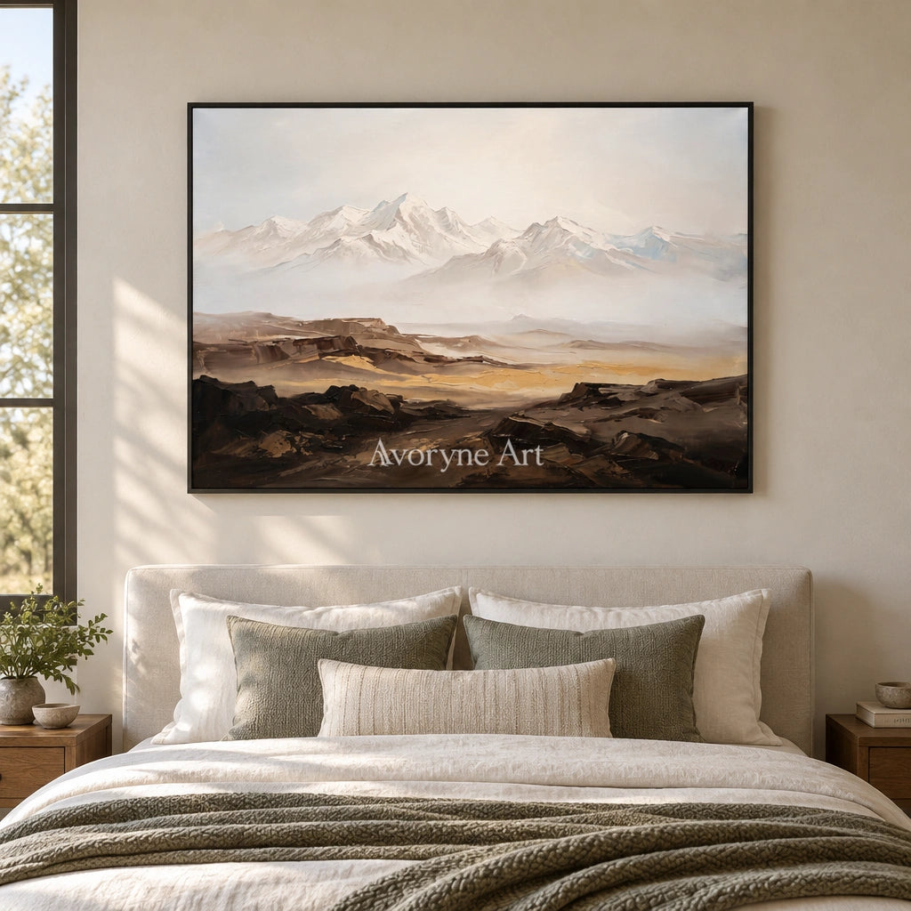 Winding Horizon mountain landscape wall art with a black frame above a bed in a bedroom