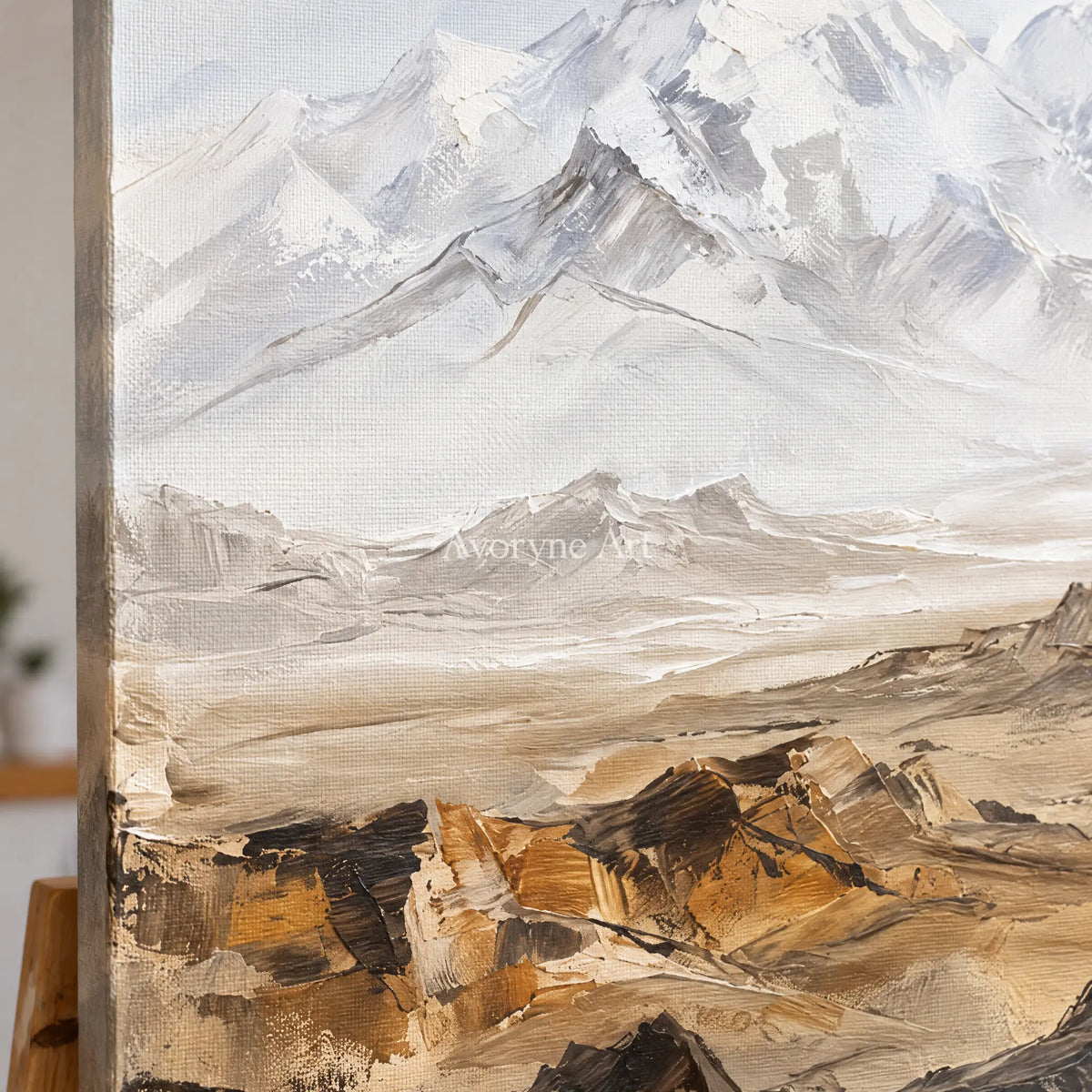 Close-up of the hand-painted texture of Winding Gesture mountain landscape wall art on an easel