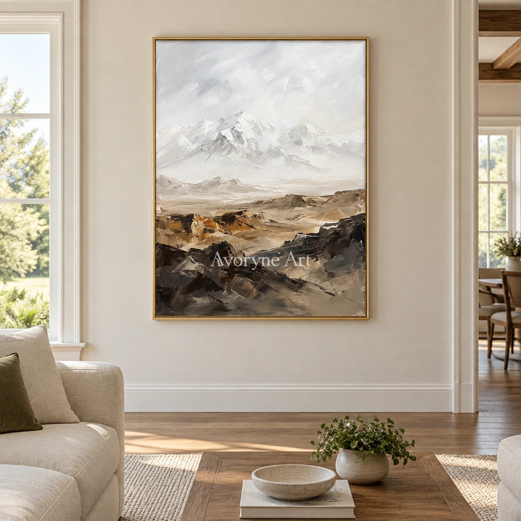 Winding Gesture mountain landscape wall art with a gold frame hanging in a living room