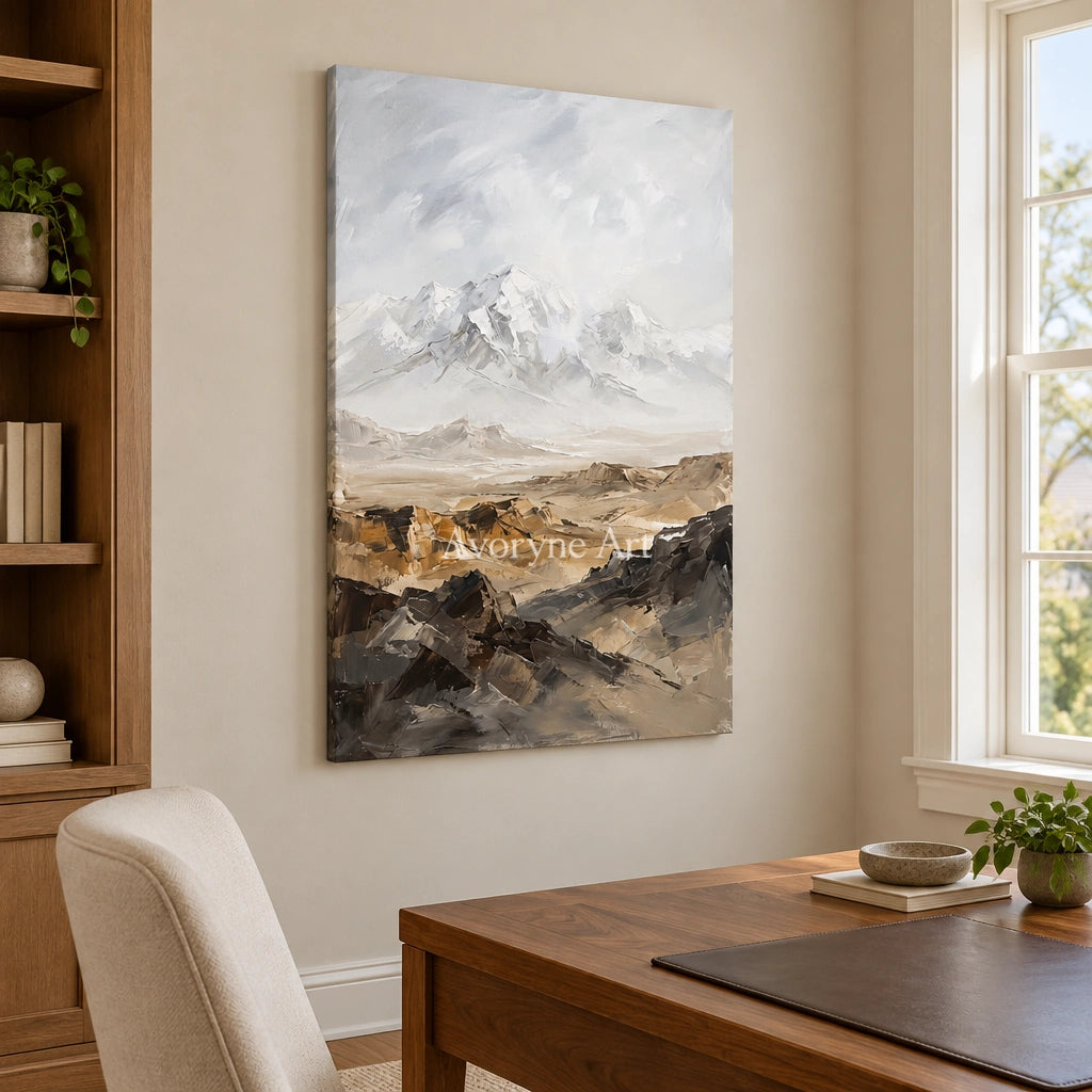 Winding Gesture mountain landscape wall art as a frameless stretched canvas in a home office