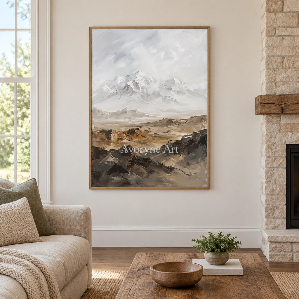 Winding Gesture mountain landscape wall art with a wood frame in a villa living space