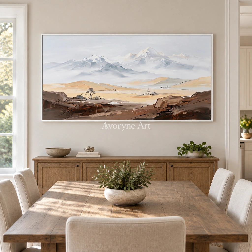 Winding Memory mountain landscape wall art with a white frame in a dining room