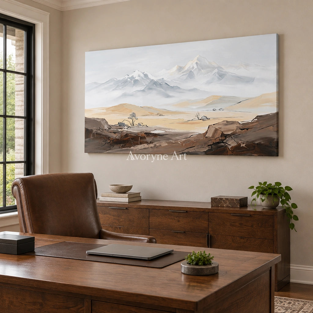 Winding Memory mountain landscape wall art as a frameless stretched canvas in a home office