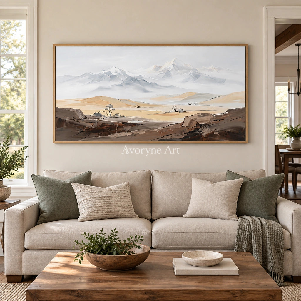 Winding Memory mountain landscape wall art with a wood frame in a villa living space