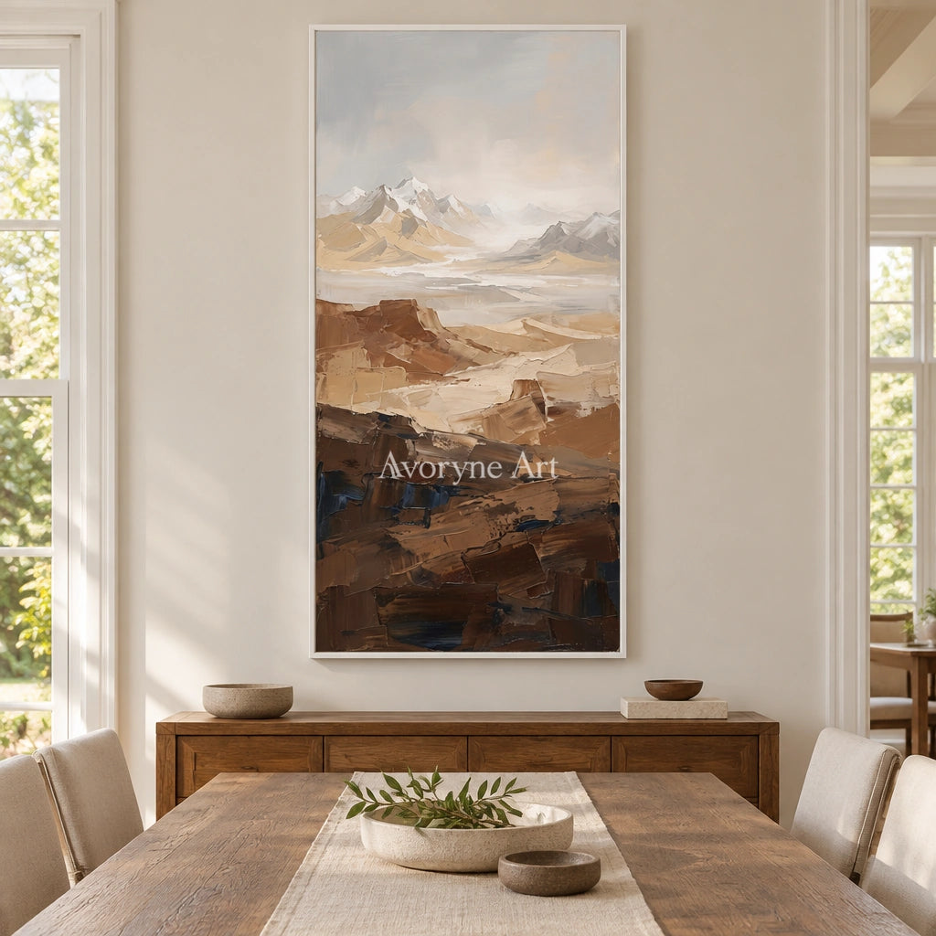 Winding Prelude mountain landscape wall art with a white frame in a dining room