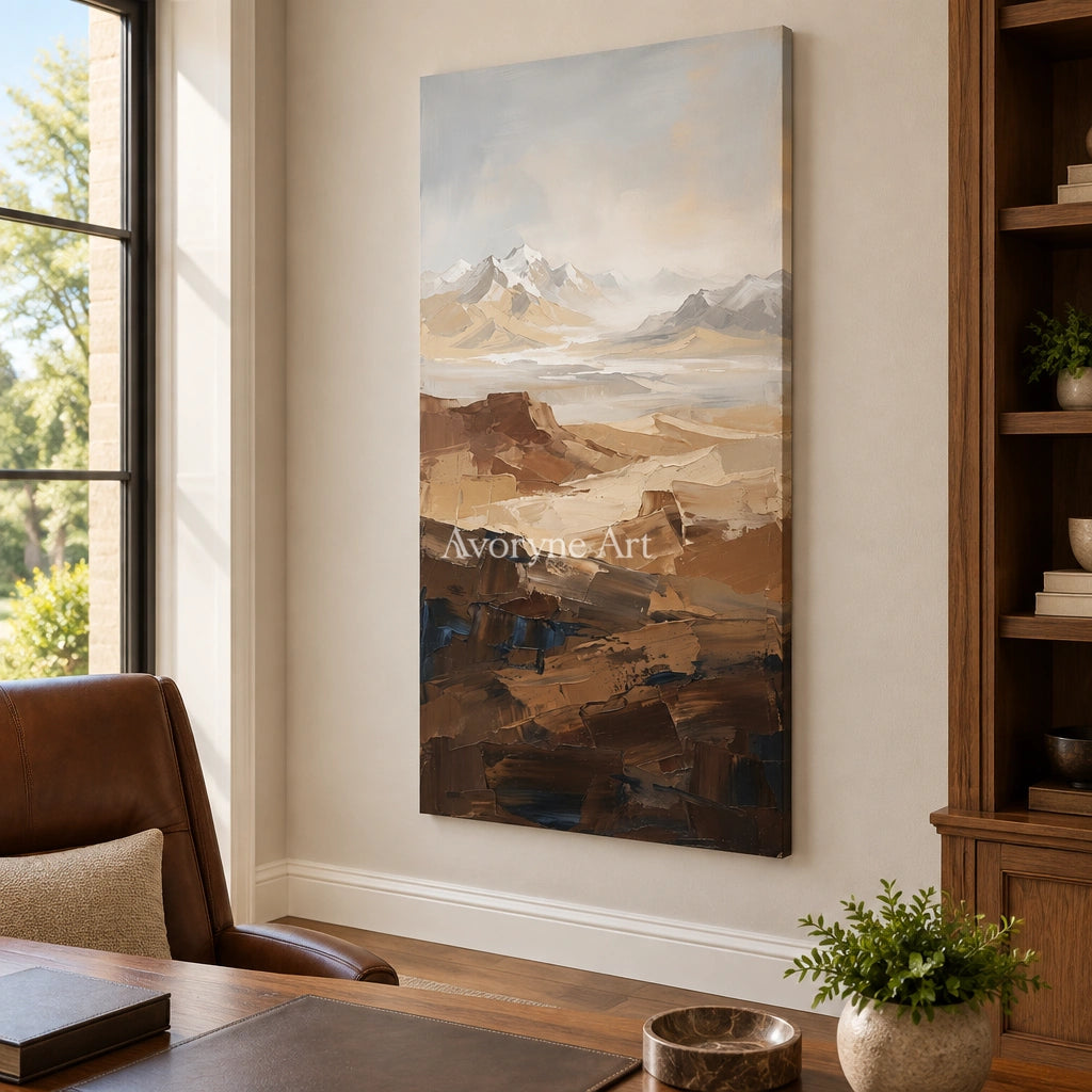 Winding Prelude mountain landscape wall art as a frameless stretched canvas in a home office